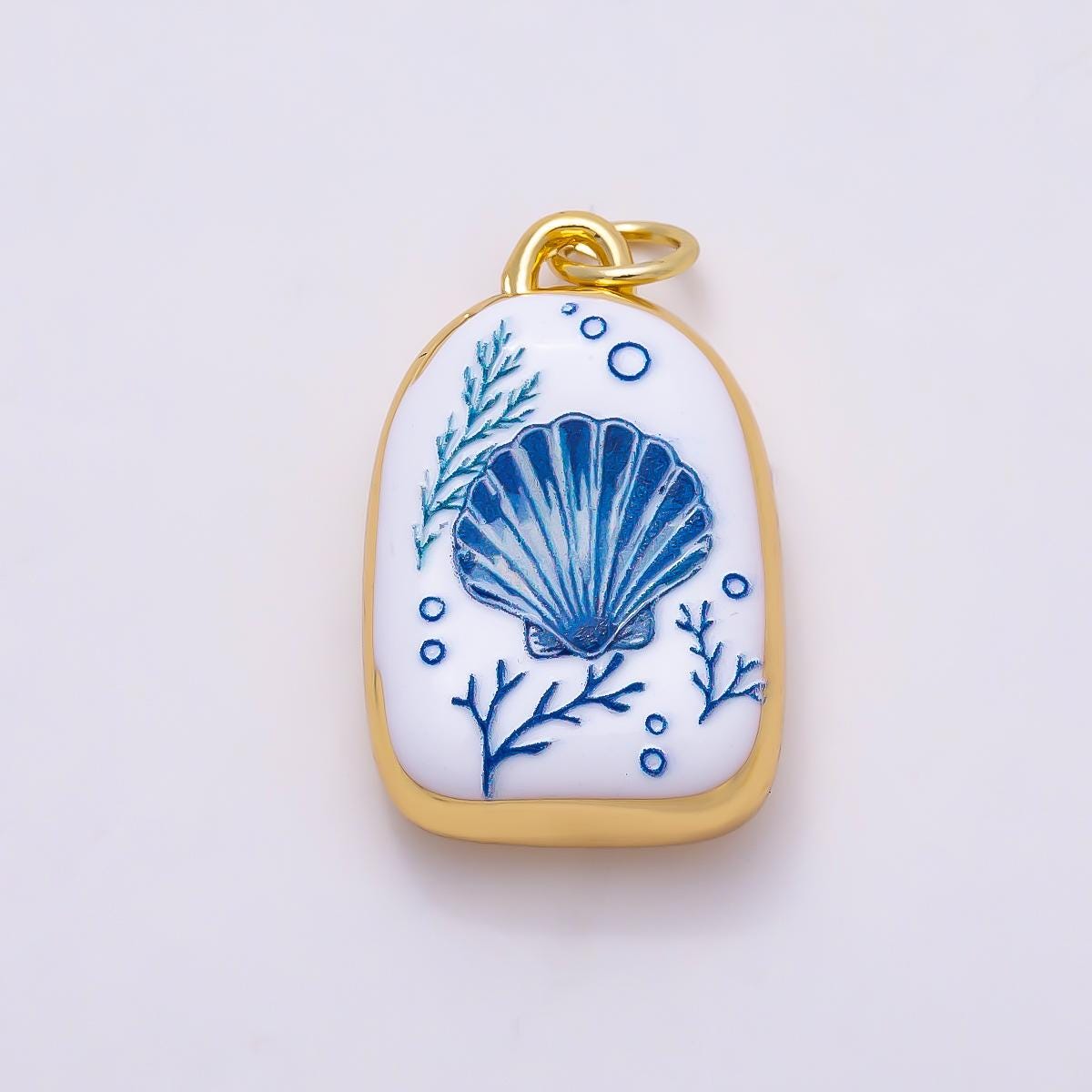 16k Gold Filled 21mm Ceramic Style Blue & White Enamel Nautical Marine Charms Turtle Seahorse Starfish Pendant Jewelry Supply | CHARMS-01280