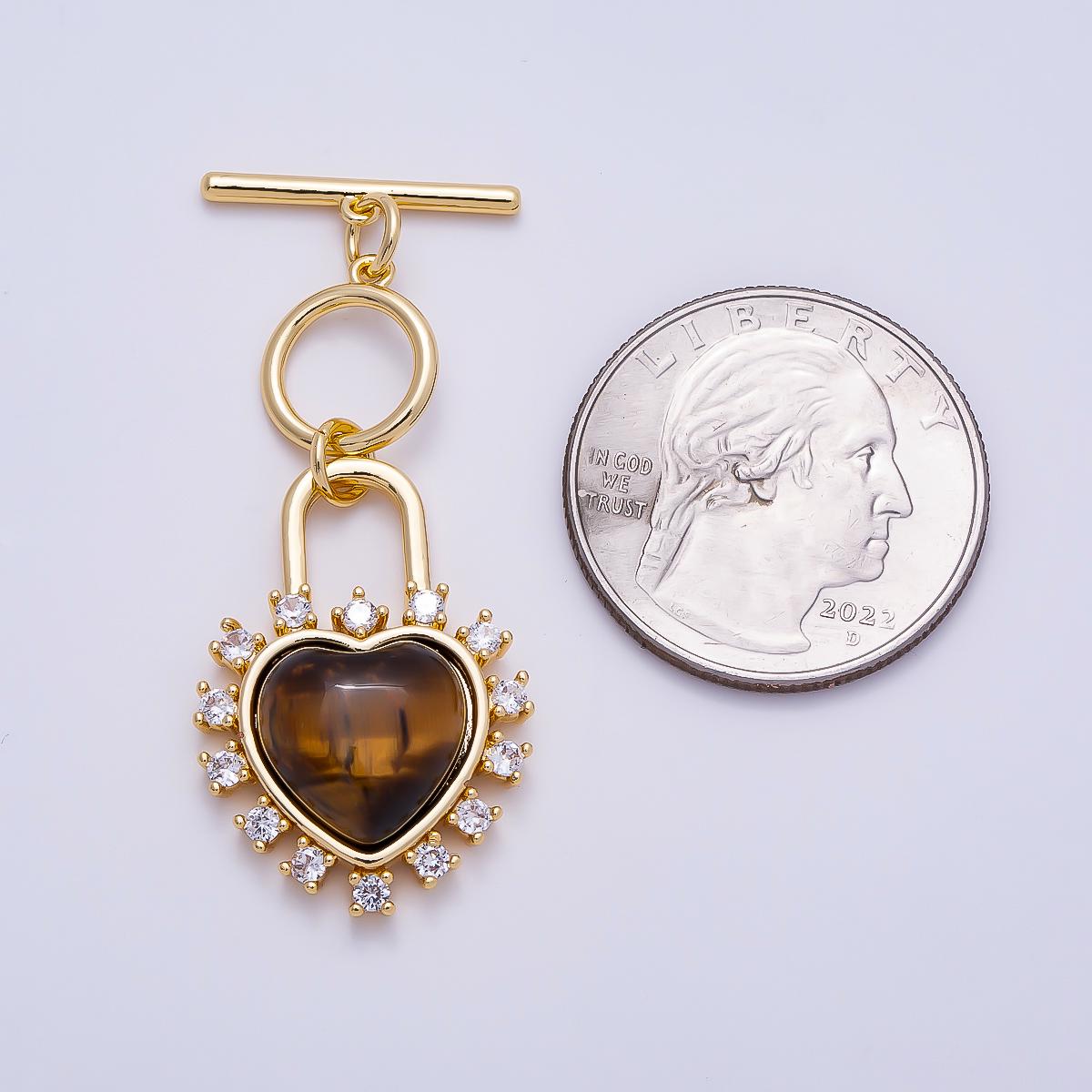 16K Gold Filled Cats Eye, Tiger Eye CZ Heart Padlock Toggle Clasps Closure Component for Bracelet Necklace Making DIY Supply| Findings-00415