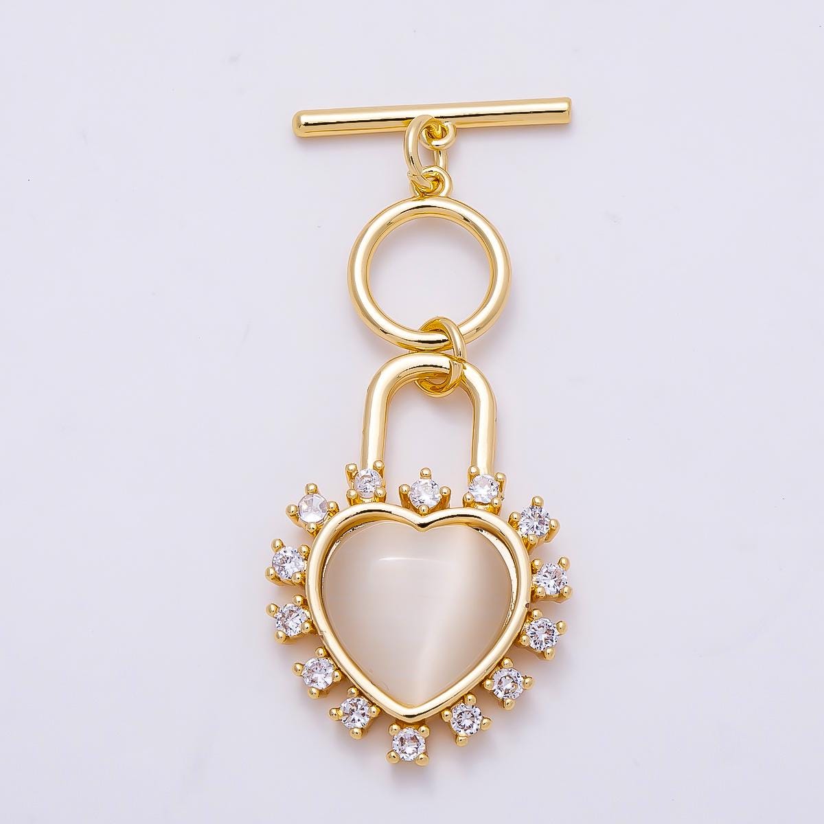 16K Gold Filled Cats Eye, Tiger Eye CZ Heart Padlock Toggle Clasps Closure Component for Bracelet Necklace Making DIY Supply| Findings-00415