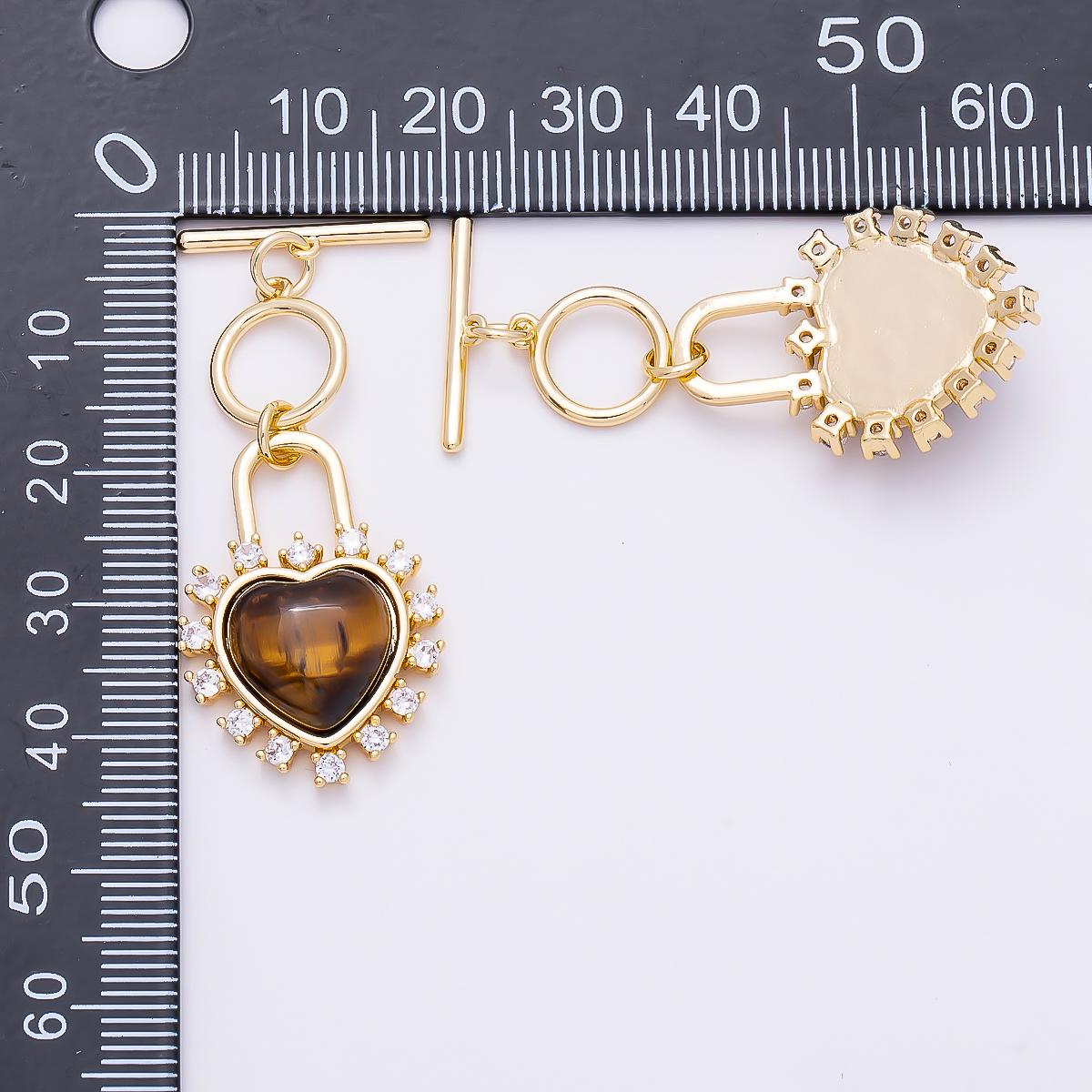 16K Gold Filled Cats Eye, Tiger Eye CZ Heart Padlock Toggle Clasps Closure Component for Bracelet Necklace Making DIY Supply| Findings-00415