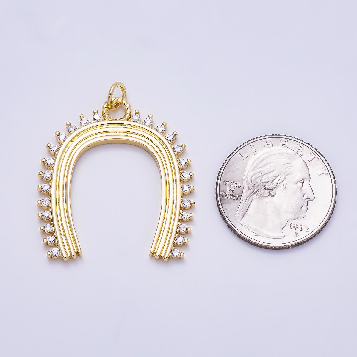 16K Gold Filled 35mm CZ Lined Ribbed Horseshoe Charm Grooved Western Lucky Pendant Equestrian Necklace Component | Charms-01352