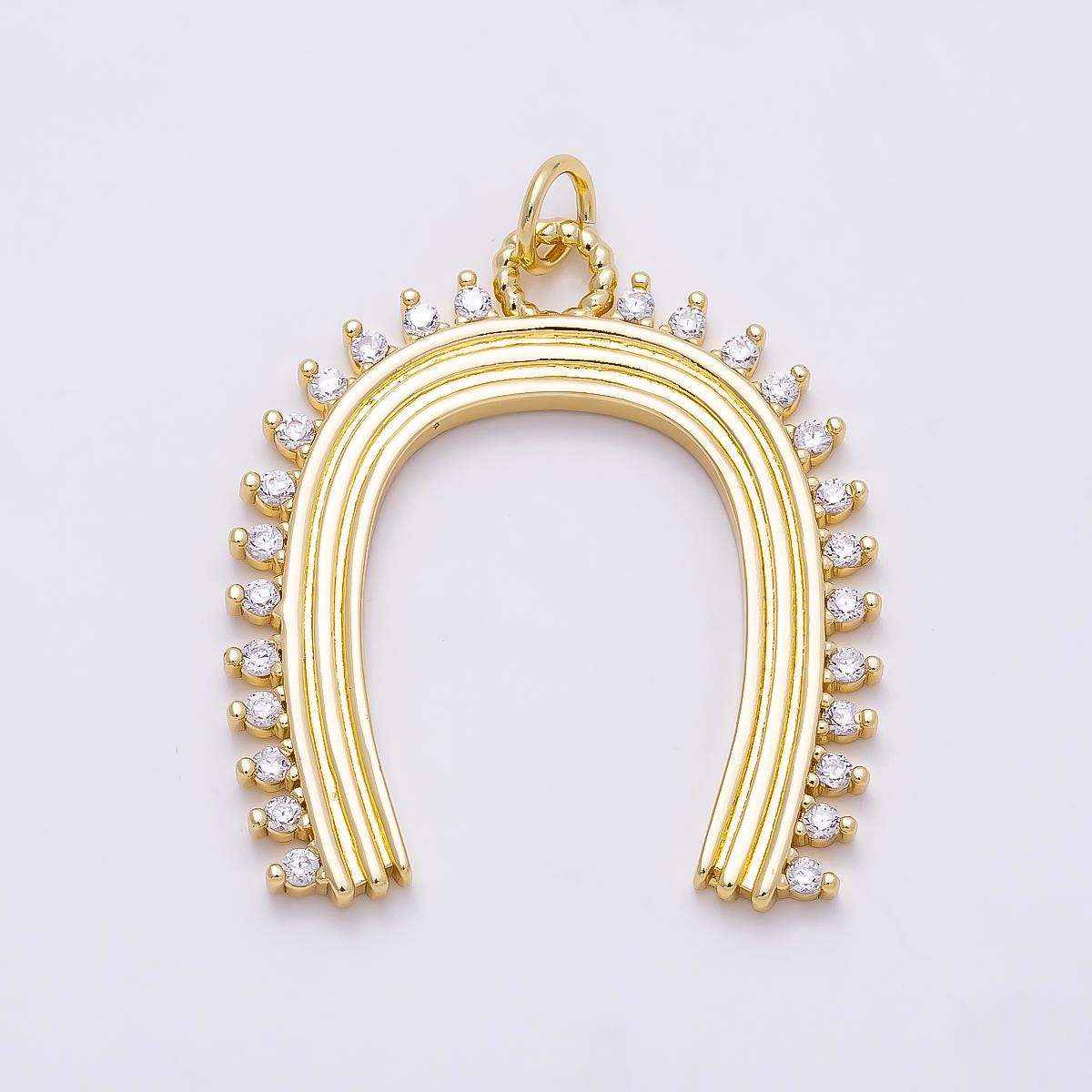 16K Gold Filled 35mm CZ Lined Ribbed Horseshoe Charm Grooved Western Lucky Pendant Equestrian Necklace Component | Charms-01352
