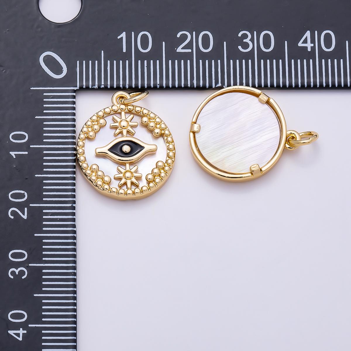 16K Gold Filled 18mm Star Evil Eye Black Enamel Shell Pearl Round Charm in Gold & Silver Celestial Sun Star Medallion Supply | Charms-01353