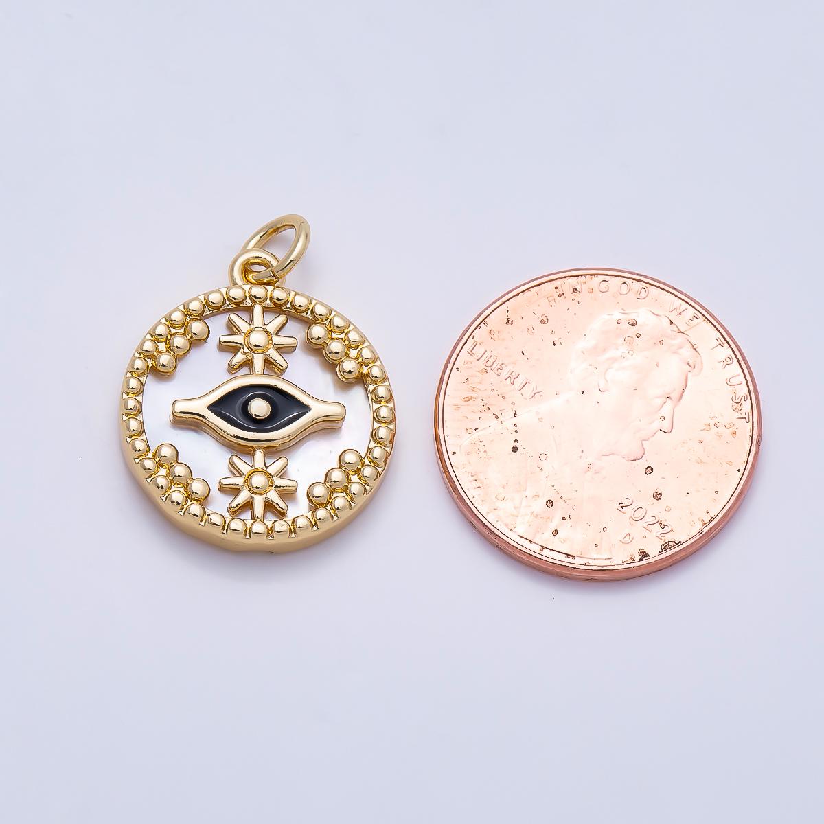 16K Gold Filled 18mm Star Evil Eye Black Enamel Shell Pearl Round Charm in Gold & Silver Celestial Sun Star Medallion Supply | Charms-01353