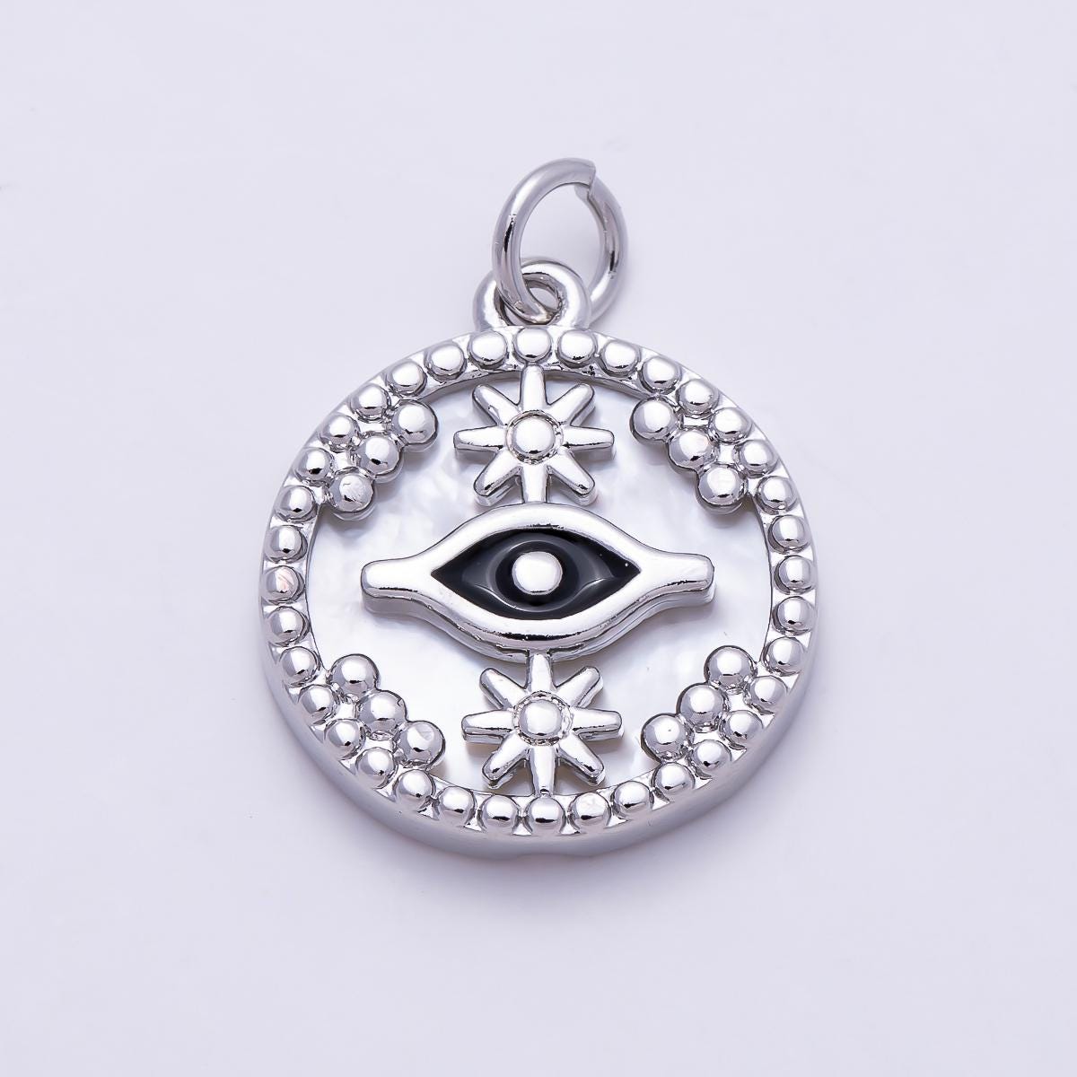 16K Gold Filled 18mm Star Evil Eye Black Enamel Shell Pearl Round Charm in Gold & Silver Celestial Sun Star Medallion Supply | Charms-01353