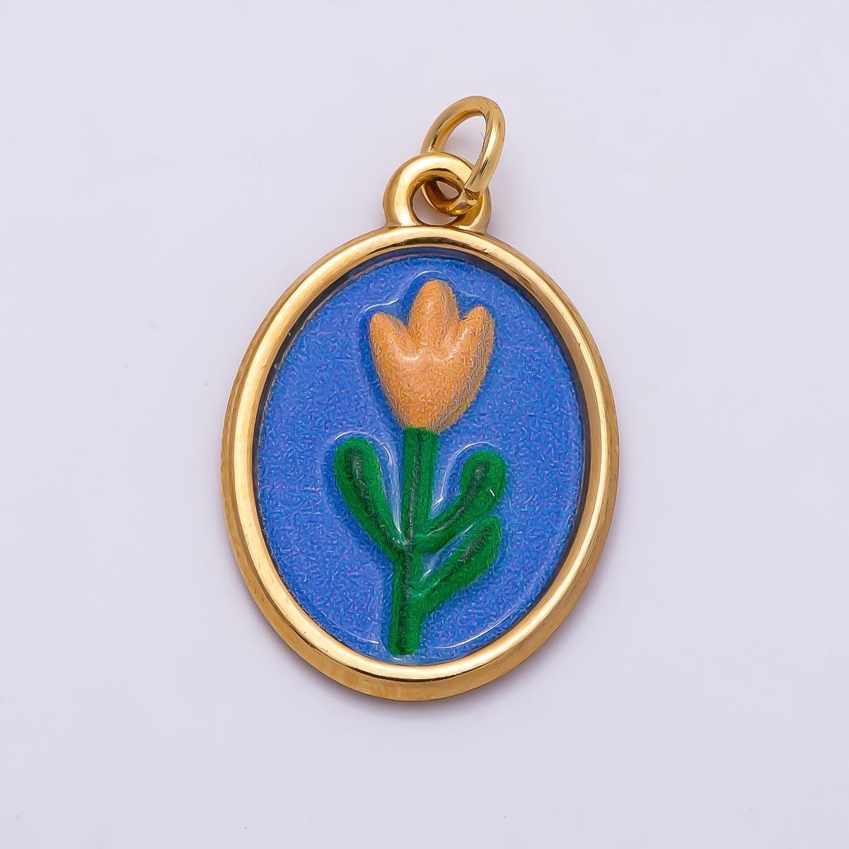 PVD Gold Stainless Steel 22mm Blue Enamel Tulip Flower Oval Charm Colorful Medallion Pendant Spring Botanical Necklace | Charms-01343