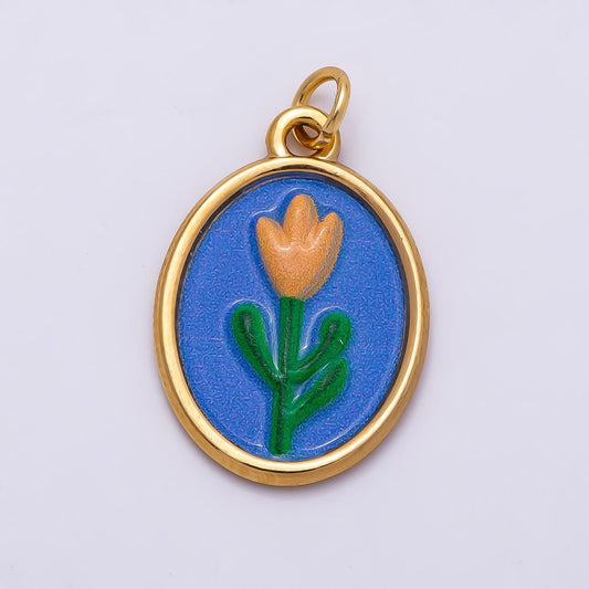 PVD Gold Stainless Steel 22mm Blue Enamel Tulip Flower Oval Charm Colorful Medallion Pendant Spring Botanical Necklace | Charms-01343