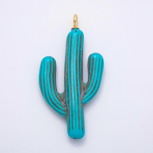 18k Gold Filled 67mm Carved Turquoise Cactus Pendant Southwestern Desert Chic Charm DIY Jewelry Making Supply Gift for Her | CHARMS-00356