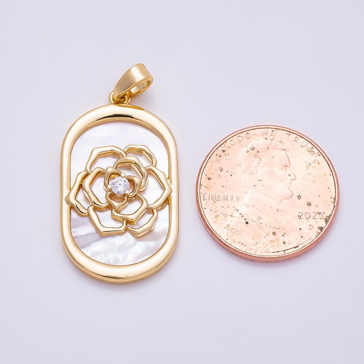 16k Gold Filled 27mm Mother of Pearl Gold and Silver Flower Pendant Sparkling CZ Rose Medallion DIY Jewelry Making Supply | CHARMS-01360