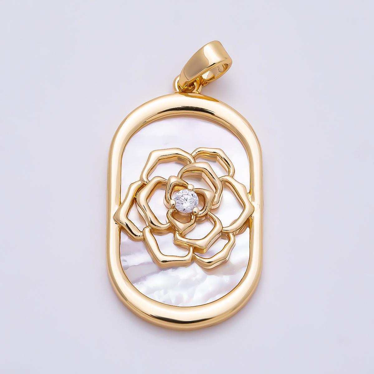 16k Gold Filled 27mm Mother of Pearl Gold and Silver Flower Pendant Sparkling CZ Rose Medallion DIY Jewelry Making Supply | CHARMS-01360