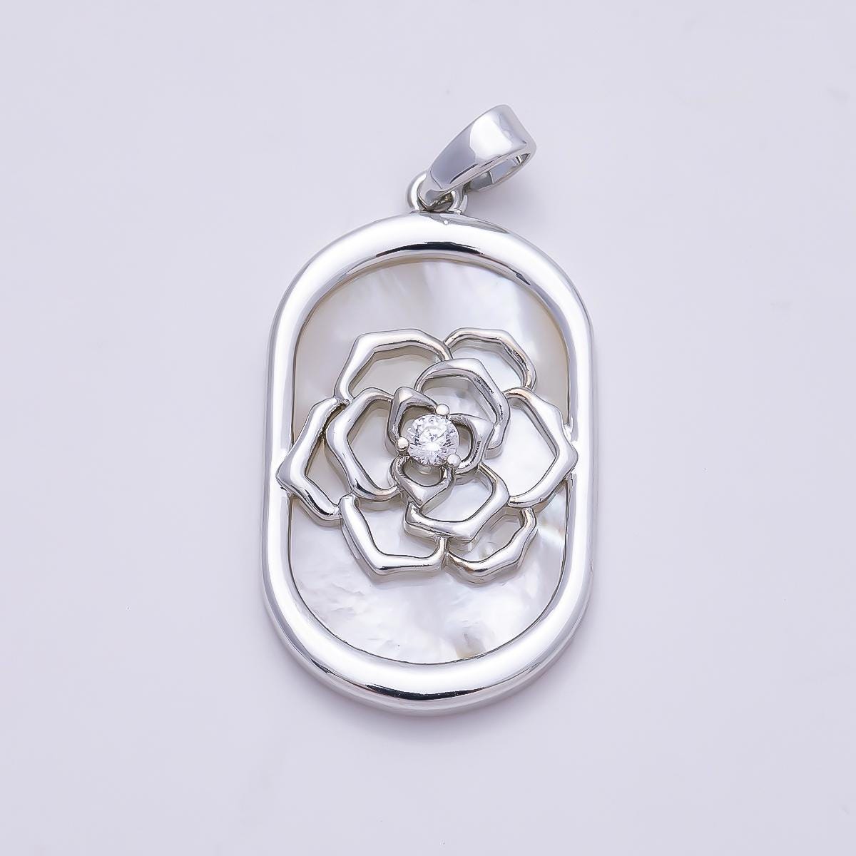 16k Gold Filled 27mm Mother of Pearl Gold and Silver Flower Pendant Sparkling CZ Rose Medallion DIY Jewelry Making Supply | CHARMS-01360