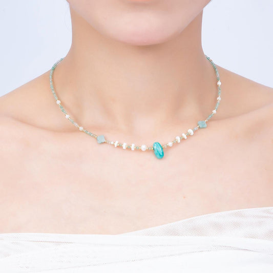 Natural Amazonite Beaded Necklace Handmade Dainty Summer Choker, Gold Accent Coastal Chic Jewelry Everyday Layering Necklace WA-4735