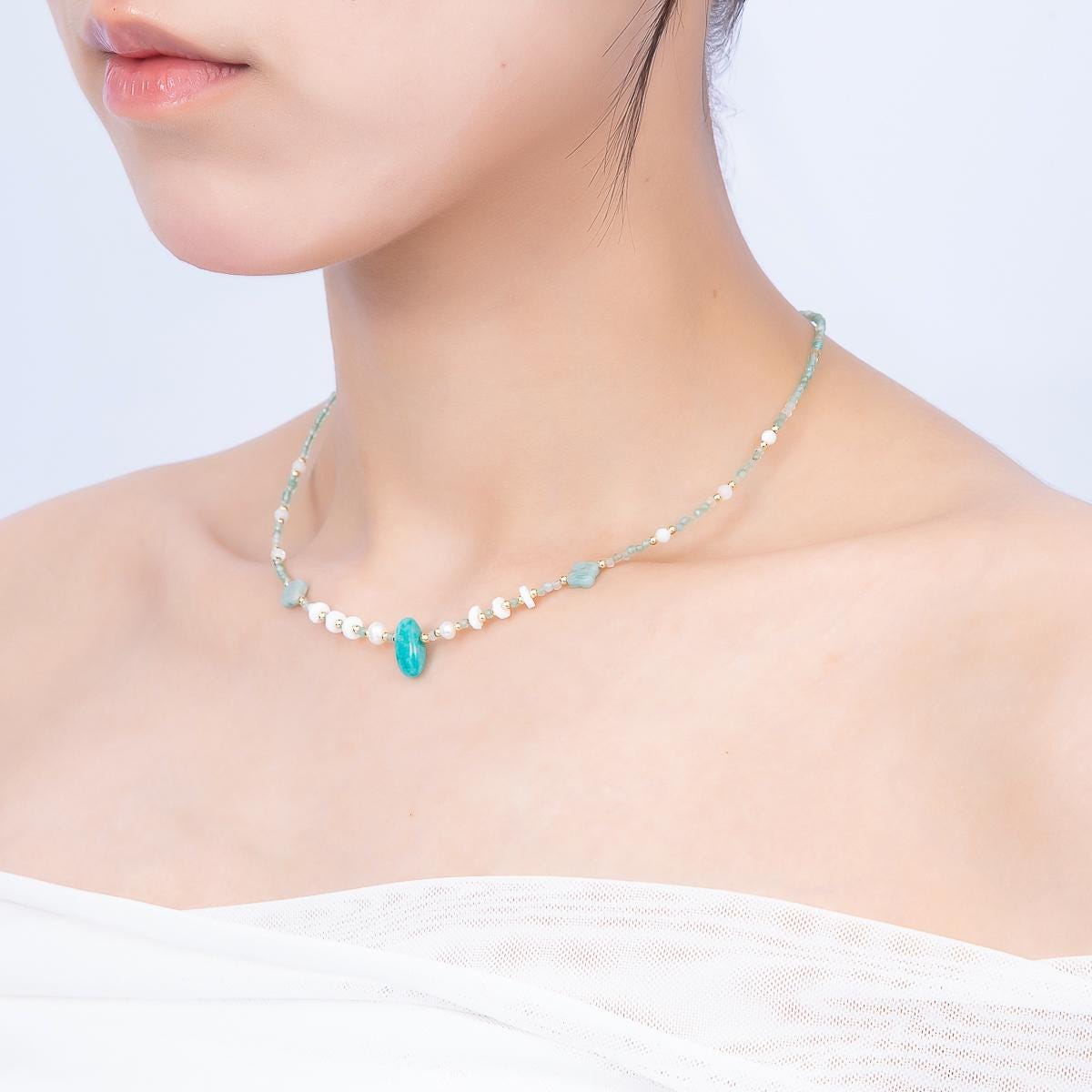 Natural Amazonite Beaded Necklace Handmade Dainty Summer Choker, Gold Accent Coastal Chic Jewelry Everyday Layering Necklace WA-4735
