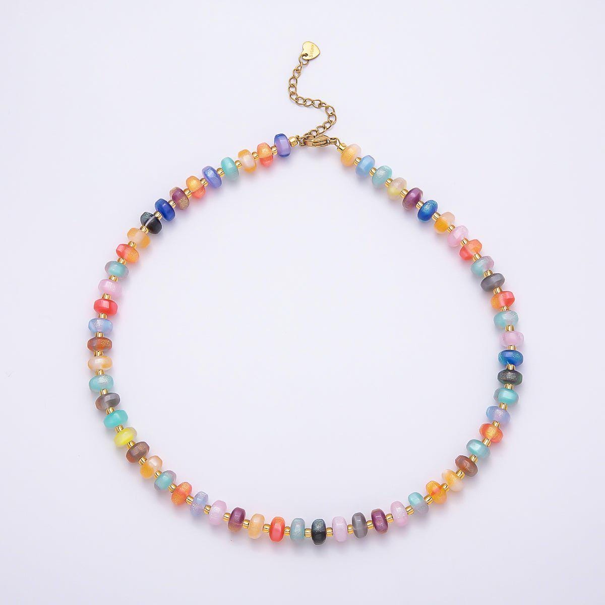 Stainless Steel 8mm Multicolor, Yellow, Blue, Orange, Pink, Green Glitter Rondelle 16in. Necklace + Extender Summer Jewelry Gift | WA-04549
