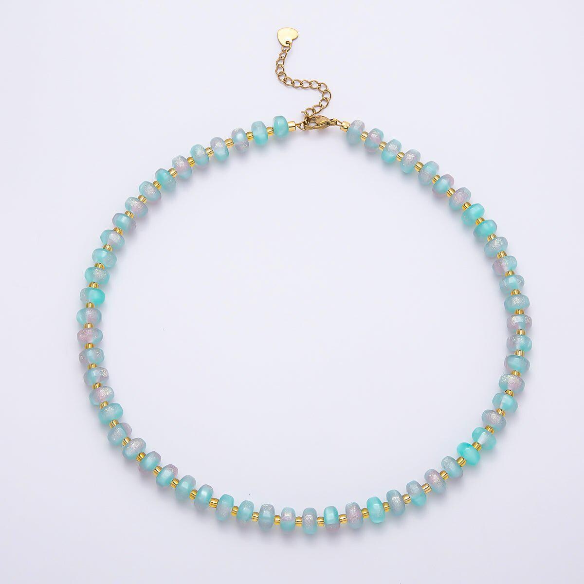 Stainless Steel 8mm Multicolor, Yellow, Blue, Orange, Pink, Green Glitter Rondelle 16in. Necklace + Extender Summer Jewelry Gift | WA-04549