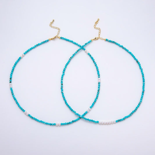 Handmade Turquoise Beaded Pearl Necklace Gemstone Summer Beach Minimalist Jewelry 18 Inch | WA-250