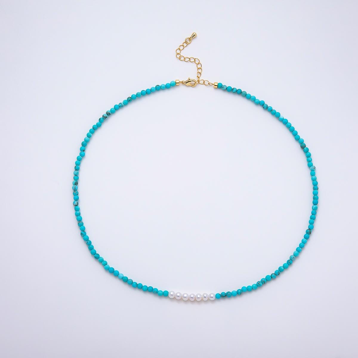 Handmade Turquoise Beaded Pearl Necklace Gemstone Summer Beach Minimalist Jewelry 18 Inch | WA-250