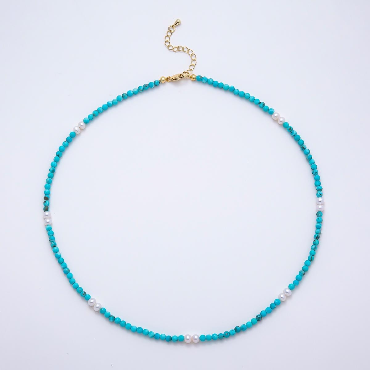Handmade Turquoise Beaded Pearl Necklace Gemstone Summer Beach Minimalist Jewelry 18 Inch | WA-250