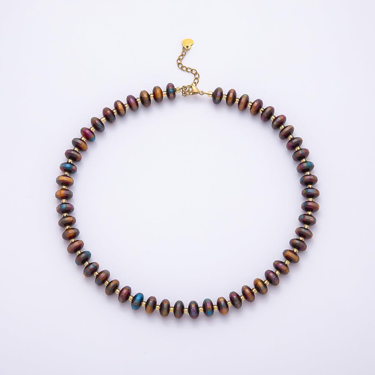 Stainless Steel 10mm Rondelle Resin Bead 16 Inch Necklace w. Extender Iridescent Crystal Choker Boho Jewelry Gift for Her | WA-04601