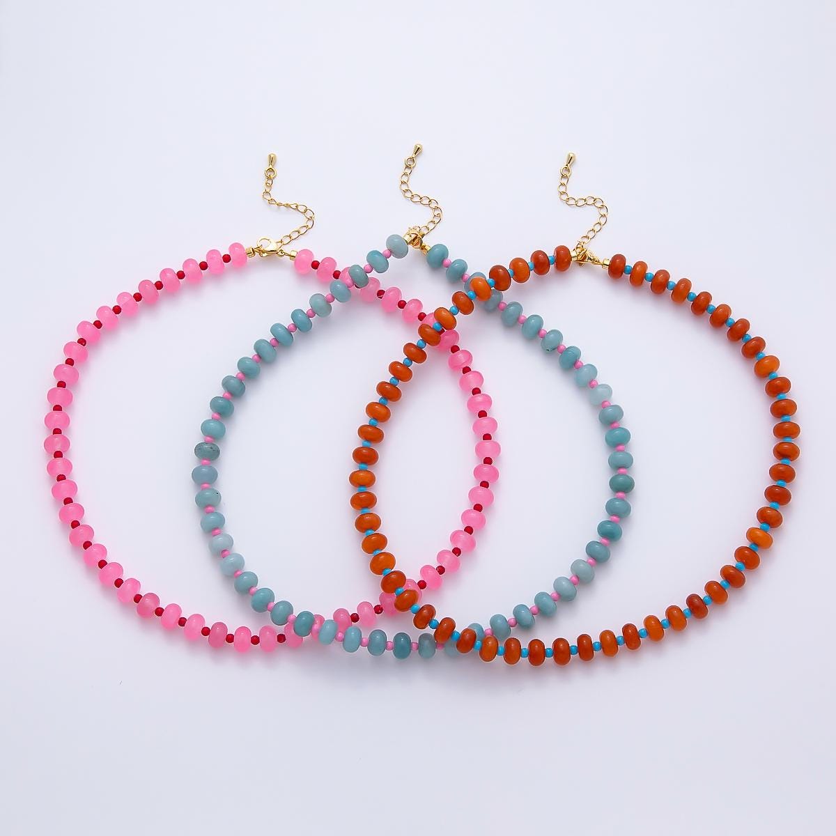 18K Gold Filled 8mm Pink, Blue, Red Multicolor Spacer Rondelle Gemstone 16.5 Inch Choker Necklace Neon Pastel Summer Jewelry Gift | WA-04634
