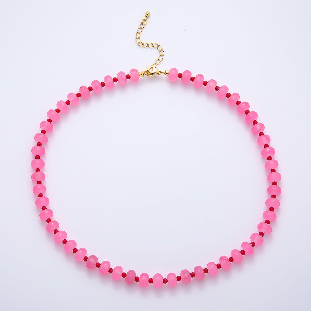 18K Gold Filled 8mm Pink, Blue, Red Multicolor Spacer Rondelle Gemstone 16.5 Inch Choker Necklace Neon Pastel Summer Jewelry Gift | WA-04634