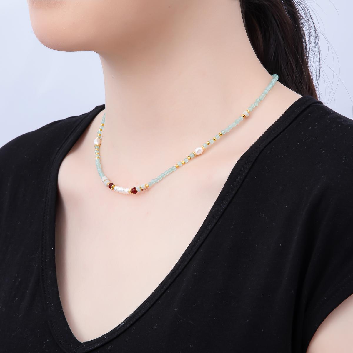 Handmade Stainless Steel 4mm Blue Aquamarine Shell Pearl Gemstone Chain 16 Inch Necklace Boho Beach Layering Jewelry Gift for Her | WA-04645