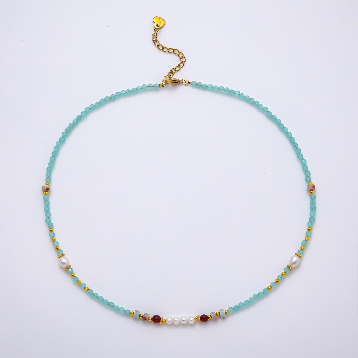 Handmade Stainless Steel 4mm Blue Aquamarine Shell Pearl Gemstone Chain 16 Inch Necklace Boho Beach Layering Jewelry Gift for Her | WA-04645