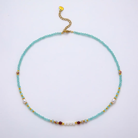 Handmade Stainless Steel 4mm Blue Aquamarine Shell Pearl Gemstone Chain 16 Inch Necklace Boho Beach Layering Jewelry Gift for Her | WA-04645