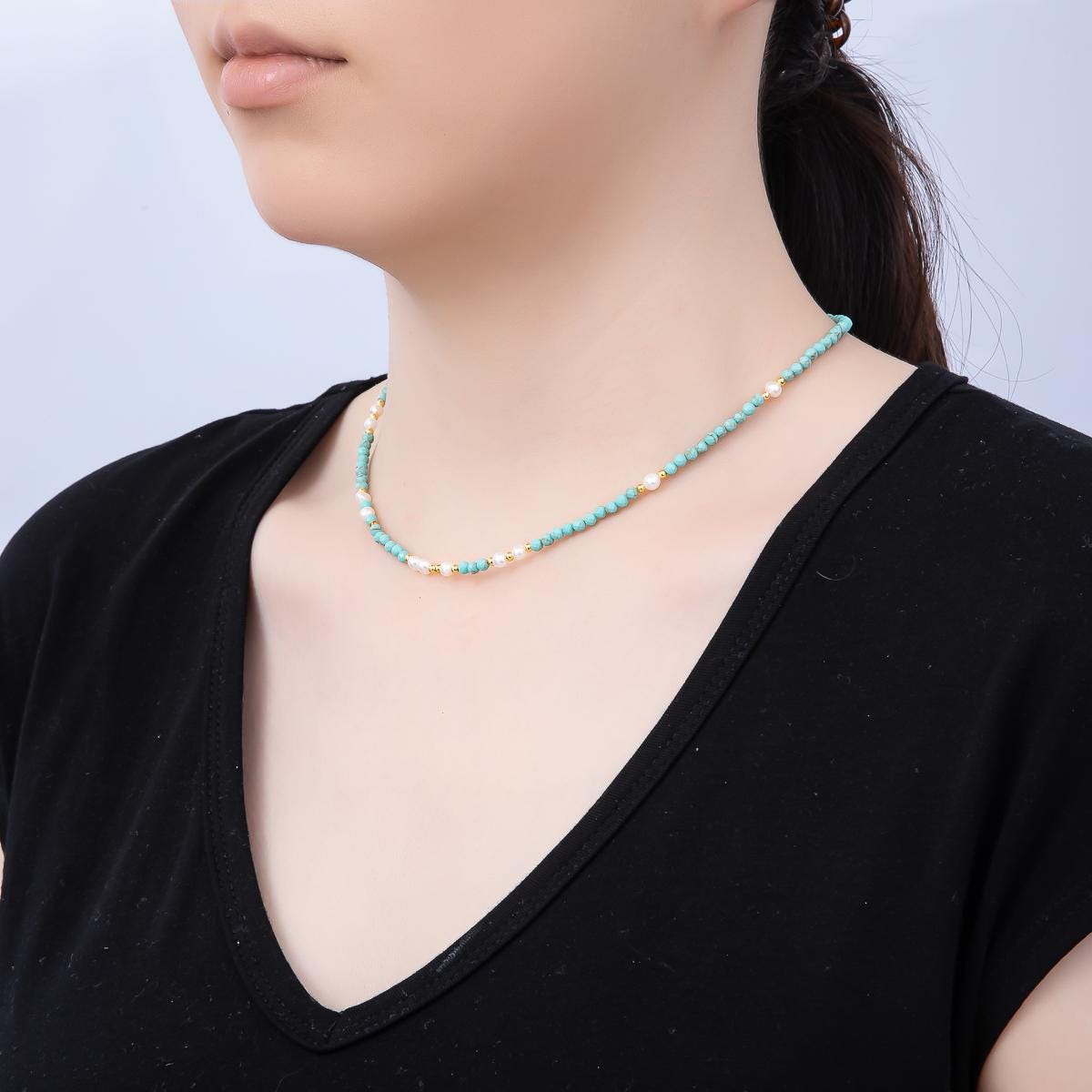 Handmade Stainless Steel 2mm Blue Turquoise Shell Pearl Gemstone Chain 16 Inch Necklace Boho Western Crystal Jewelry Gift | WA-04650