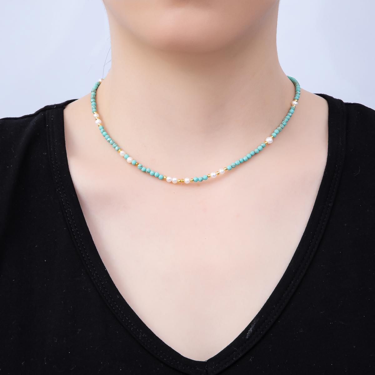 Handmade Stainless Steel 2mm Blue Turquoise Shell Pearl Gemstone Chain 16 Inch Necklace Boho Western Crystal Jewelry Gift | WA-04650