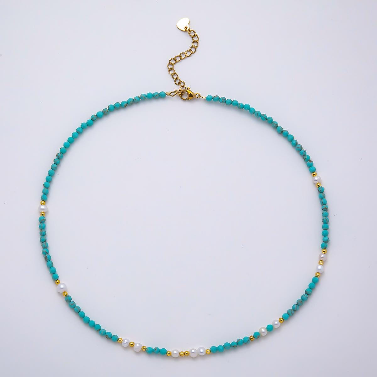 Handmade Stainless Steel 2mm Blue Turquoise Shell Pearl Gemstone Chain 16 Inch Necklace Boho Western Crystal Jewelry Gift | WA-04650
