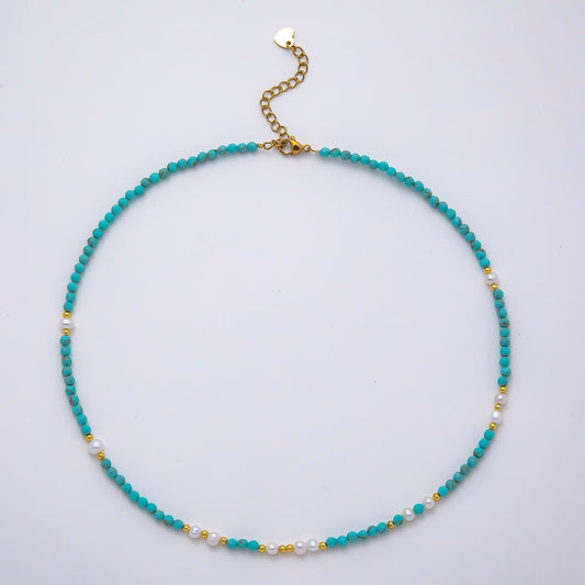 Handmade Stainless Steel 2mm Blue Turquoise Shell Pearl Gemstone Chain 16 Inch Necklace Boho Western Crystal Jewelry Gift | WA-04650