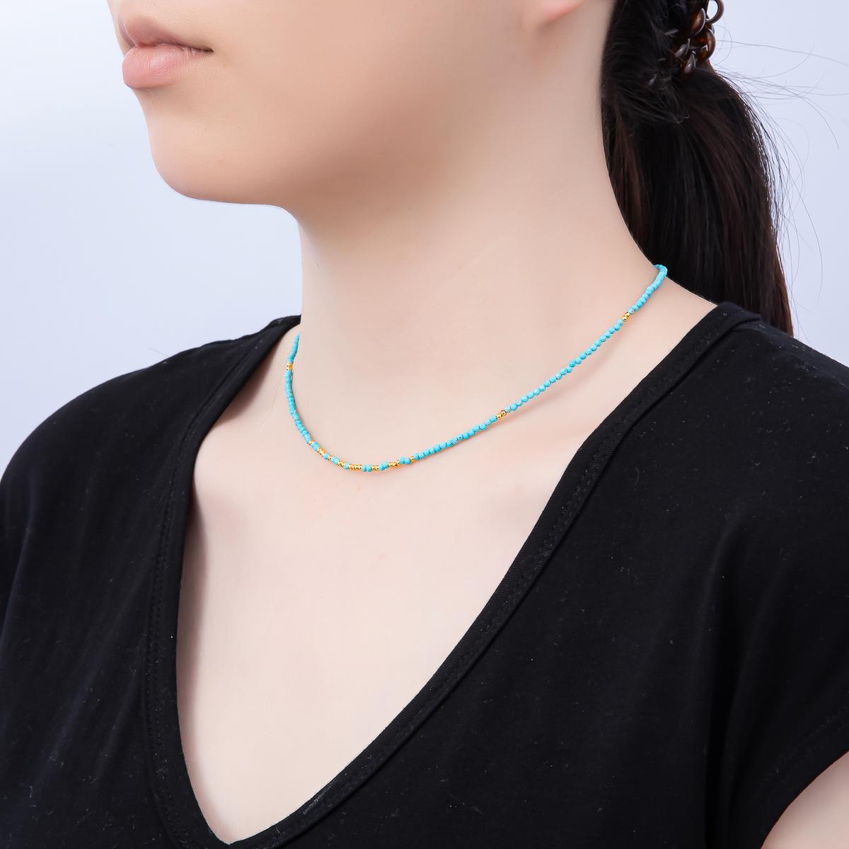 Handmade Stainless Steel 2mm Blue Turquoise Bead Multifaceted Gemstone Chain 15.5 Inch Necklace Boho Layering Jewelry Gift | WA-04652
