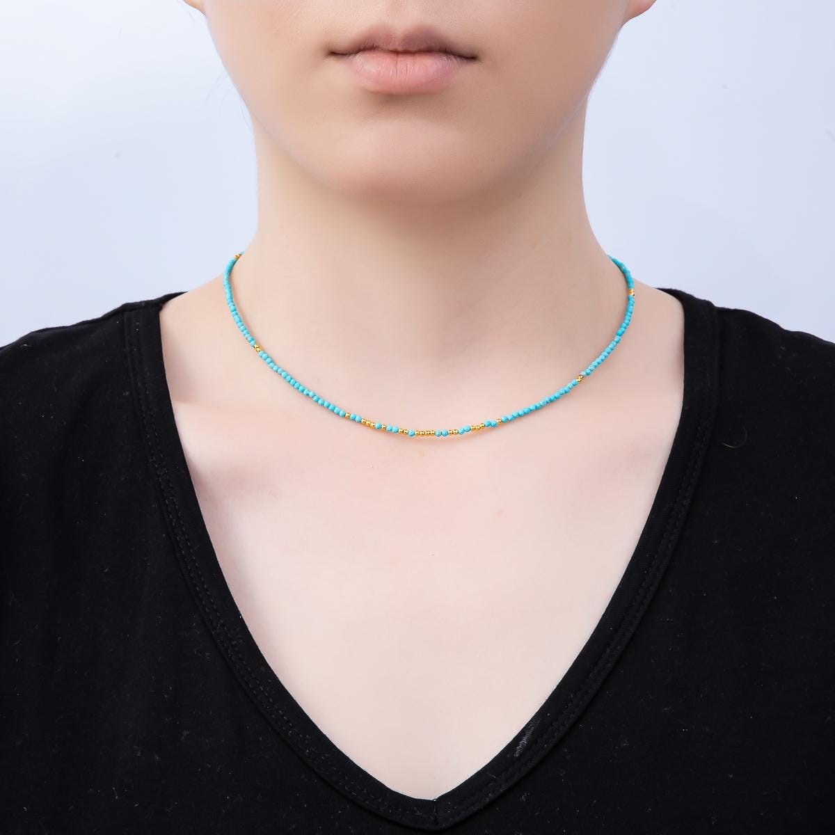 Handmade Stainless Steel 2mm Blue Turquoise Bead Multifaceted Gemstone Chain 15.5 Inch Necklace Boho Layering Jewelry Gift | WA-04652