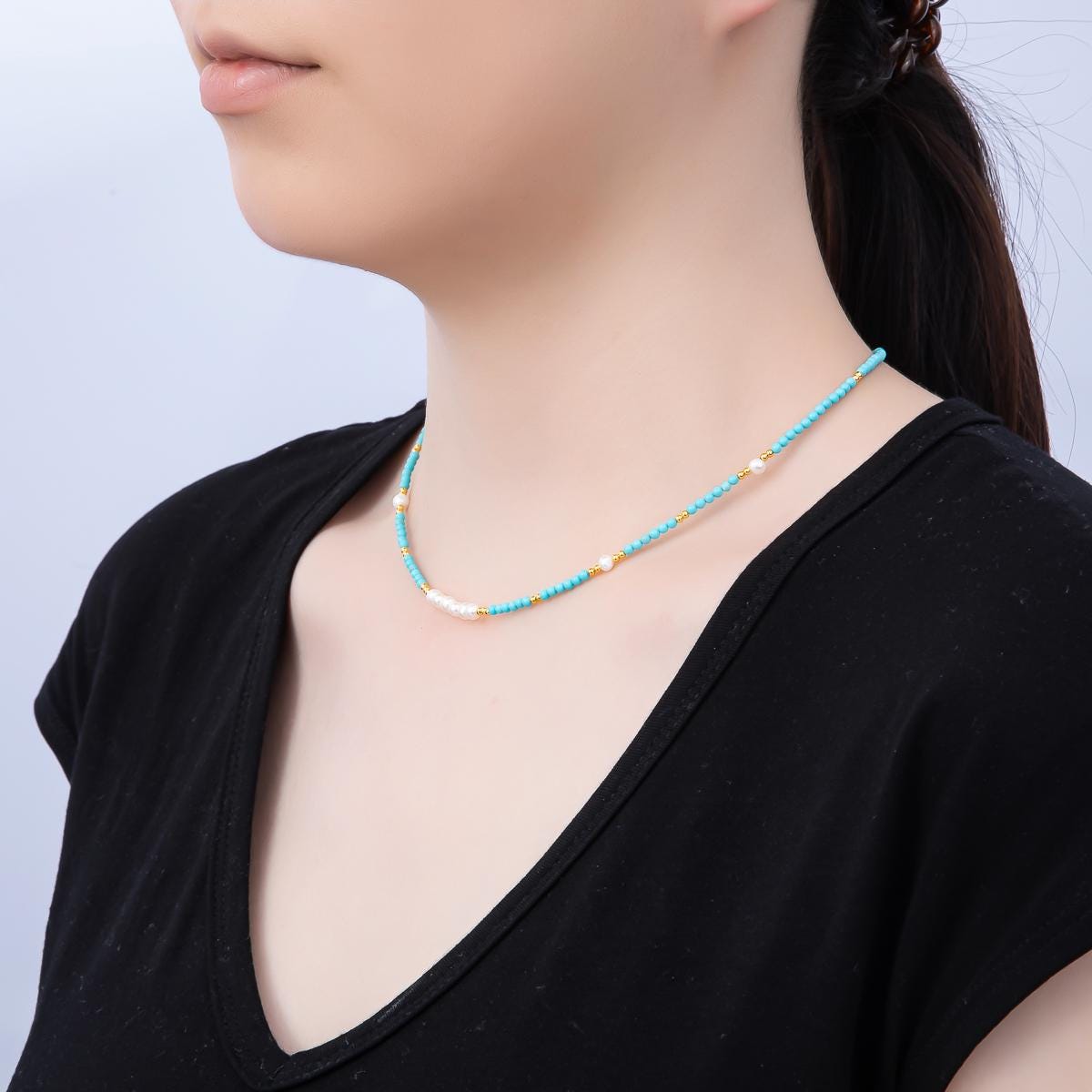 Handmade Stainless Steel 2.5mm Blue Turquoise Shell Pearl Bead Gemstone Chain 16 Inch Necklace Bohemian Theme Layering Design | WA-04654