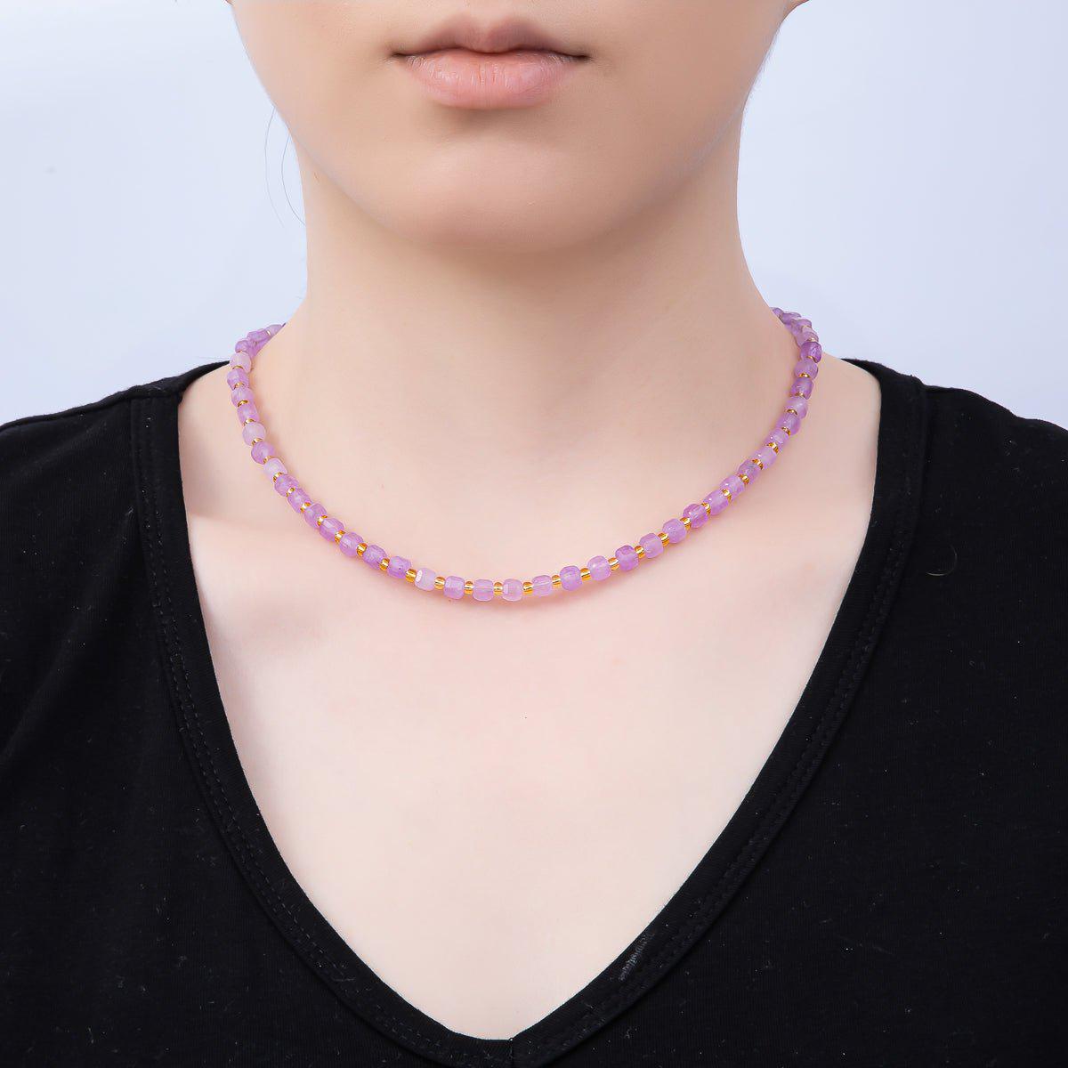 Handmade Stainless Steel 3mm Square Gemstone Chain 16 Inch Necklace Beaded Colorful Dainty Summer Statement Jewelry Gift for Her | WA-04657
