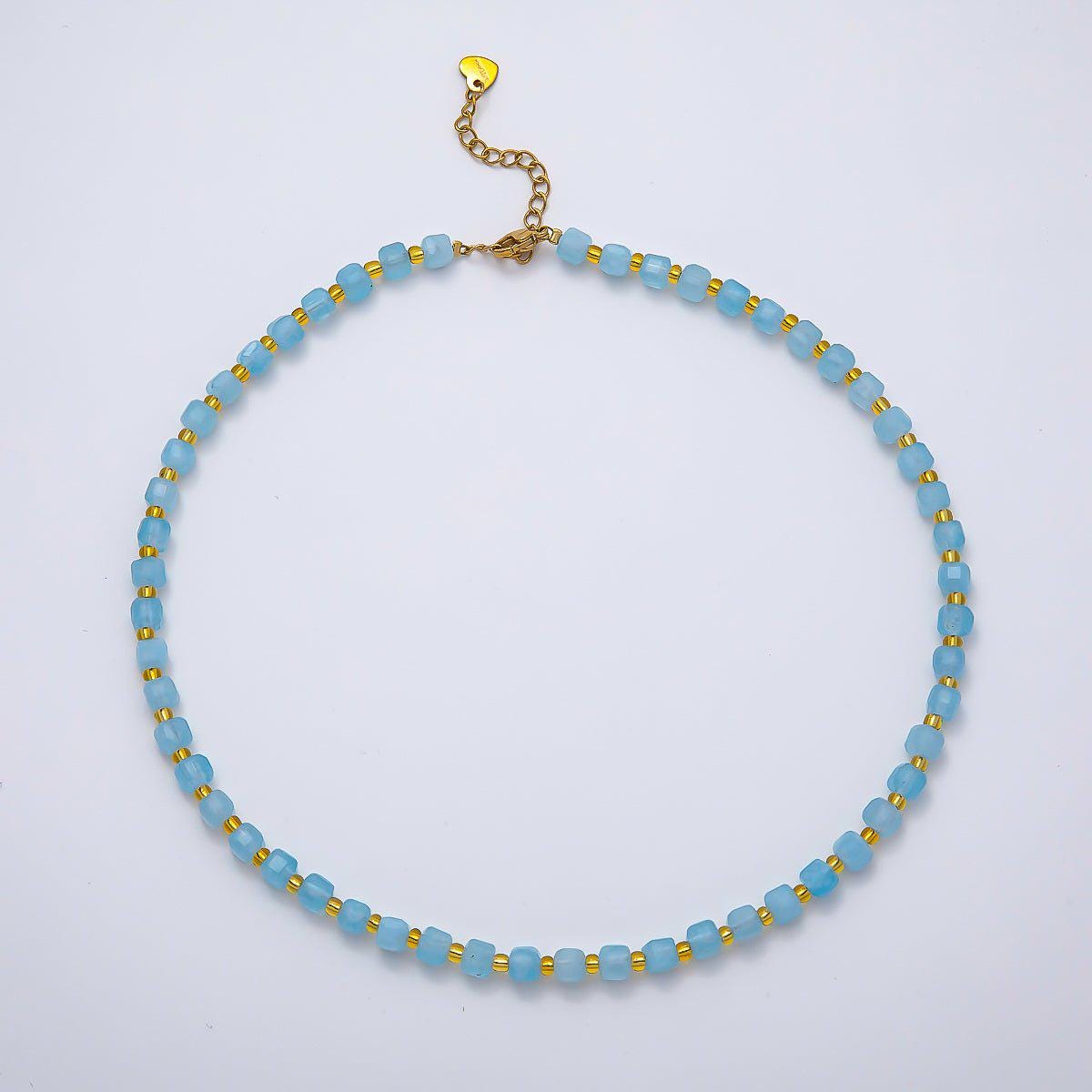 Handmade Stainless Steel 3mm Square Gemstone Chain 16 Inch Necklace Beaded Colorful Dainty Summer Statement Jewelry Gift for Her | WA-04657