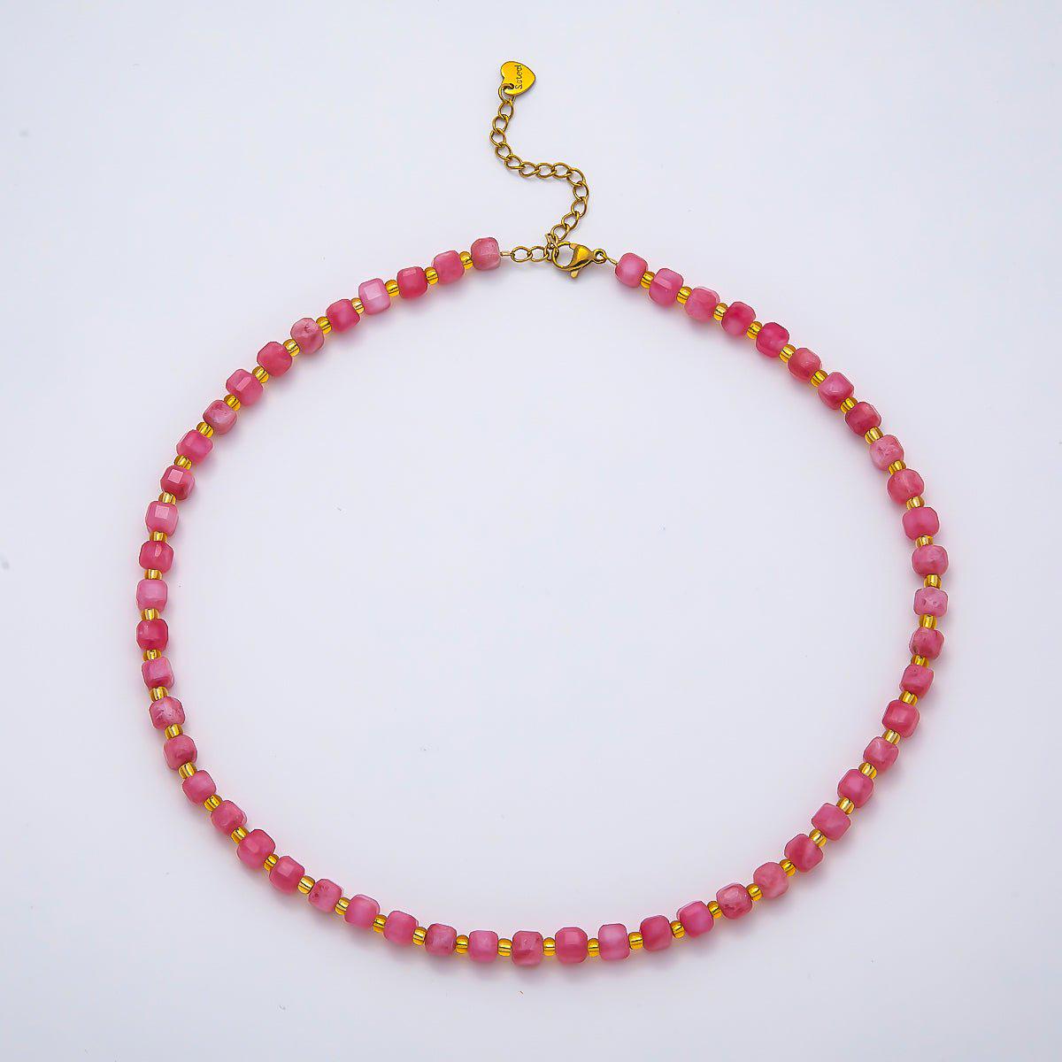 Handmade Stainless Steel 3mm Square Gemstone Chain 16 Inch Necklace Beaded Colorful Dainty Summer Statement Jewelry Gift for Her | WA-04657