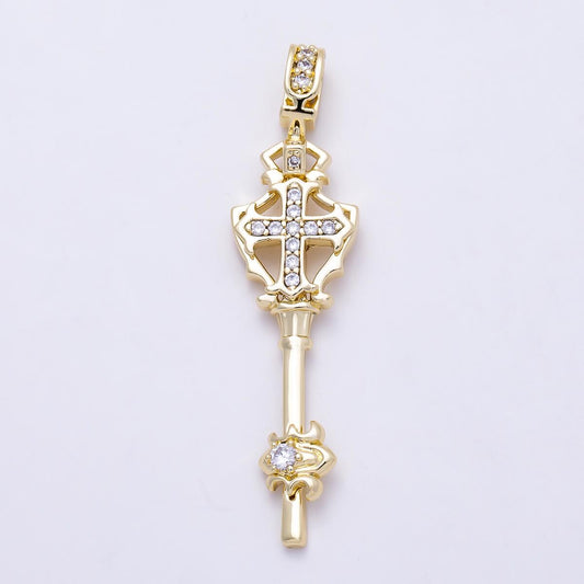 18k Gold Filled Cross Key Pendant, CZ Christian Religious Pendant for Necklace, Gothic Cross Charm, Jewelry Making Supply Charms-1387