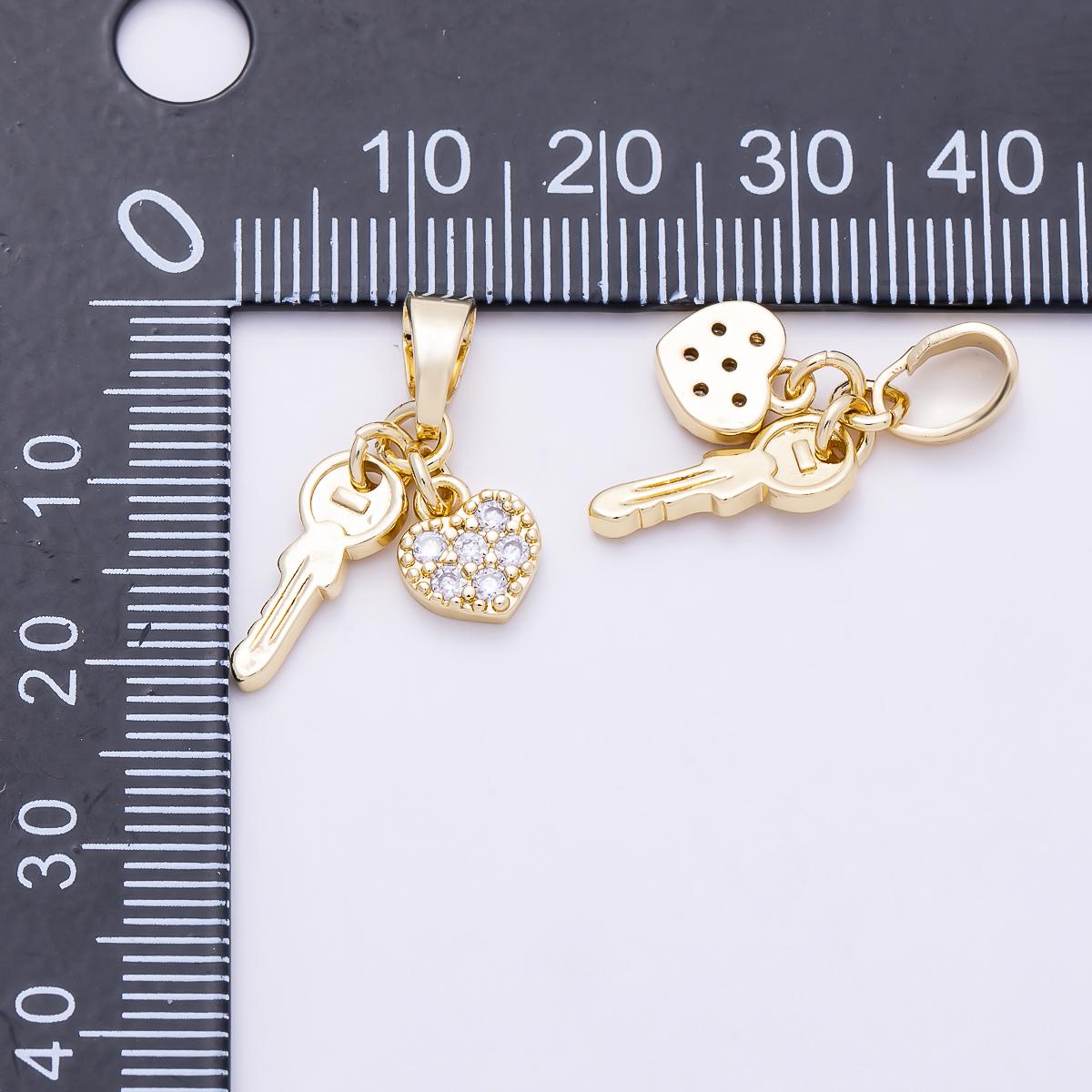 Mini Gold Key Pendant Charm 18k Gold Filled Heart Charm with Clear CZ For DIY Jewelry CHARMS-1386