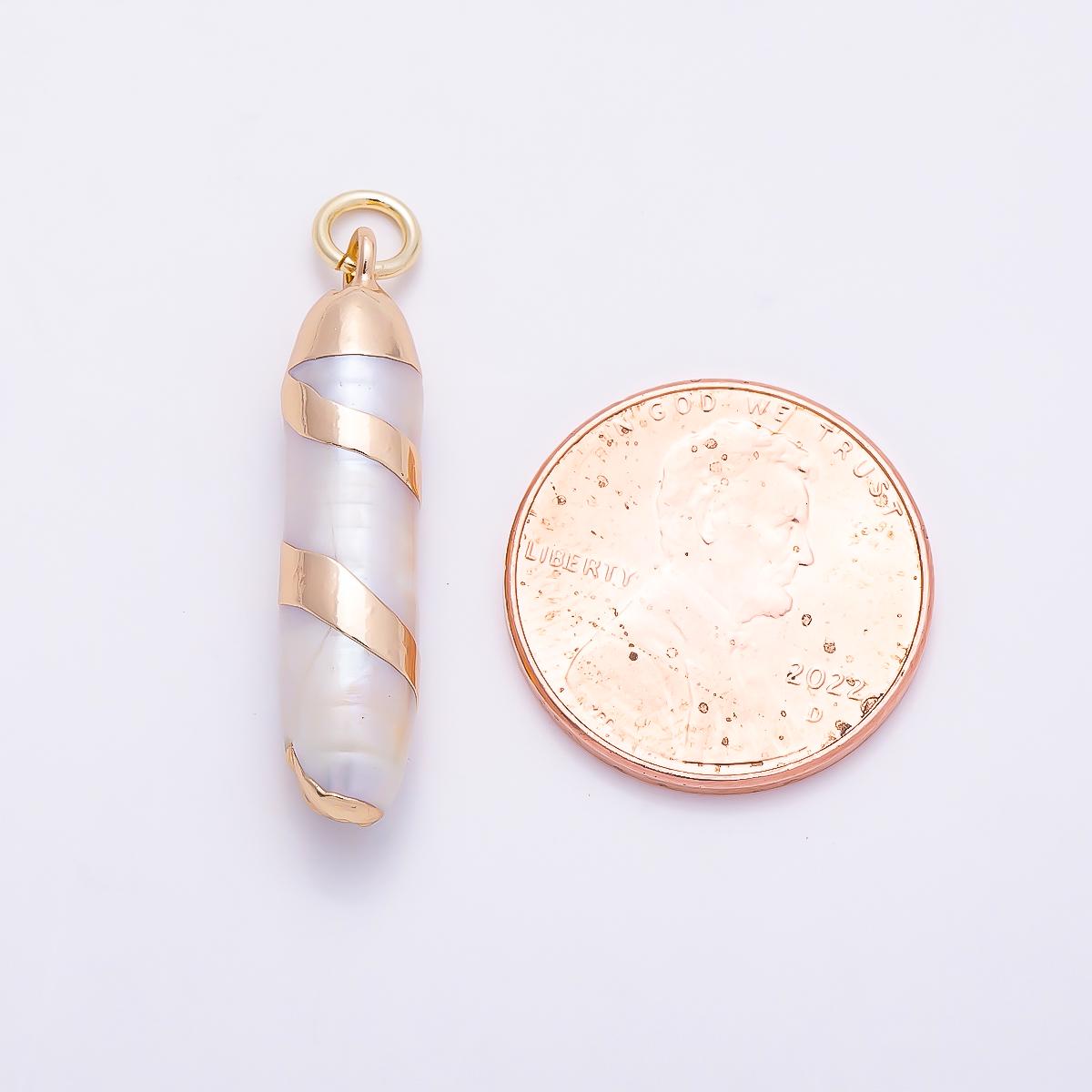 18K Gold Filled 28mm White Cylinder Biwa Freshwater Pearl Spiral Foil Charm Elegant Wedding Pendant Jewelry Making Supply | Charms-01372