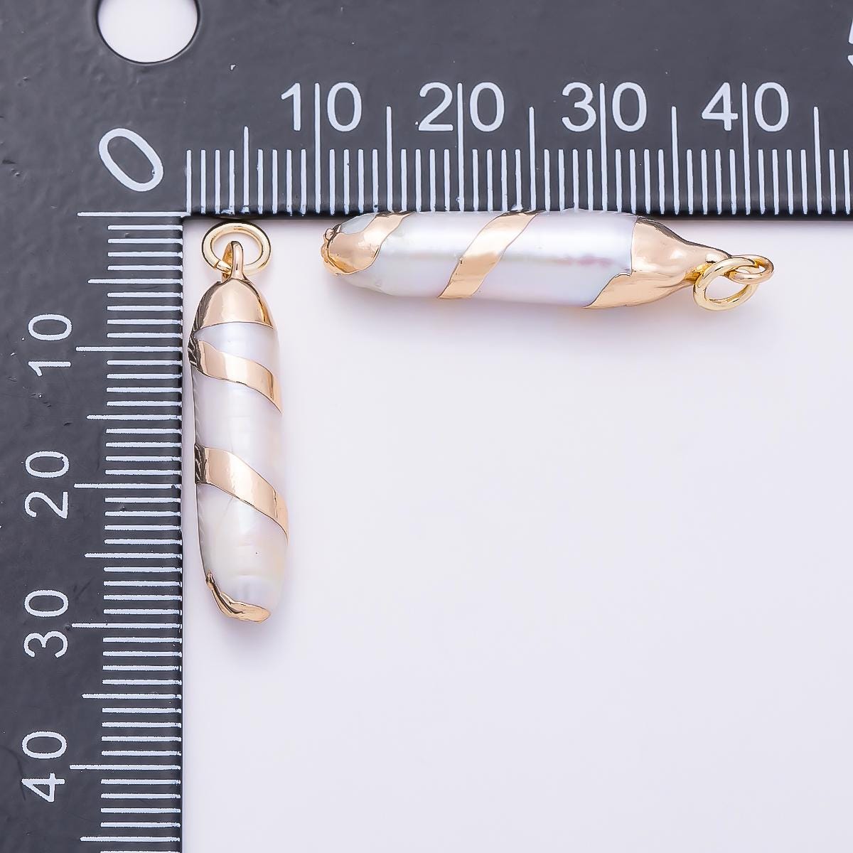 18K Gold Filled 28mm White Cylinder Biwa Freshwater Pearl Spiral Foil Charm Elegant Wedding Pendant Jewelry Making Supply | Charms-01372