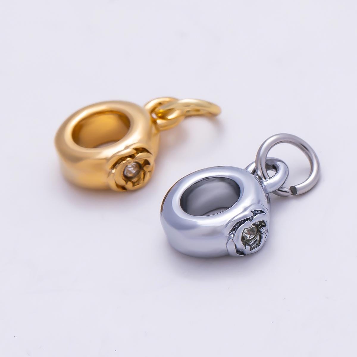 18k PVD Gold Stainless Steel 11mm CZ Rose Flower Drop Rondelle Charm Finding in Gold & Silver Tiny Necklace Jewelry Supply | CHARMS-01344