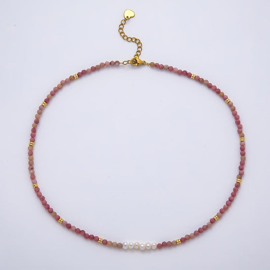 Handmade Stainless Steel 3mm Shell Pearl Rose Quartz Gemstone Chain 15.5 Inch Necklace Dainty Pink Beaded Romantic Jewelry Gift | WA-04653