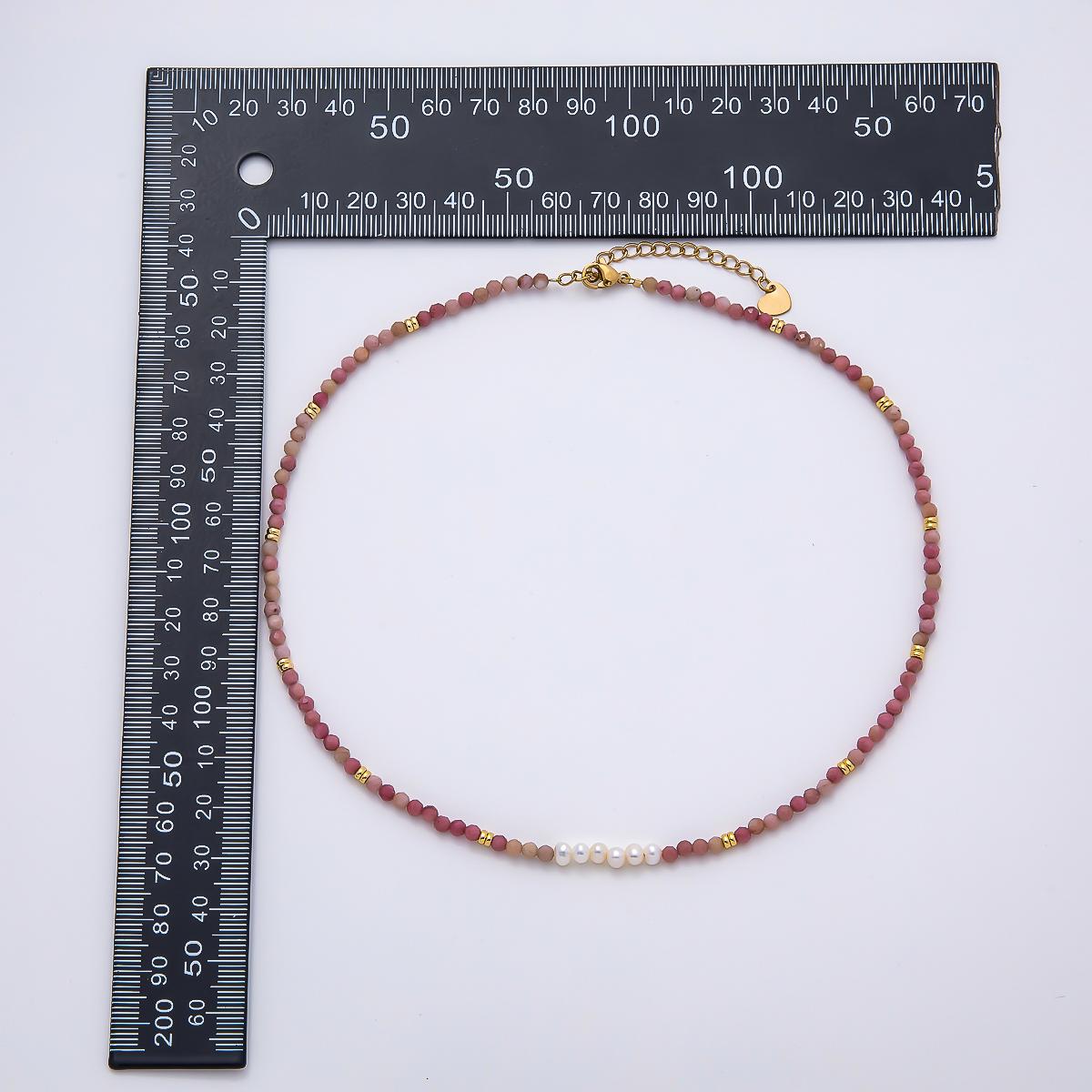 Handmade Stainless Steel 3mm Shell Pearl Rose Quartz Gemstone Chain 15.5 Inch Necklace Dainty Pink Beaded Romantic Jewelry Gift | WA-04653