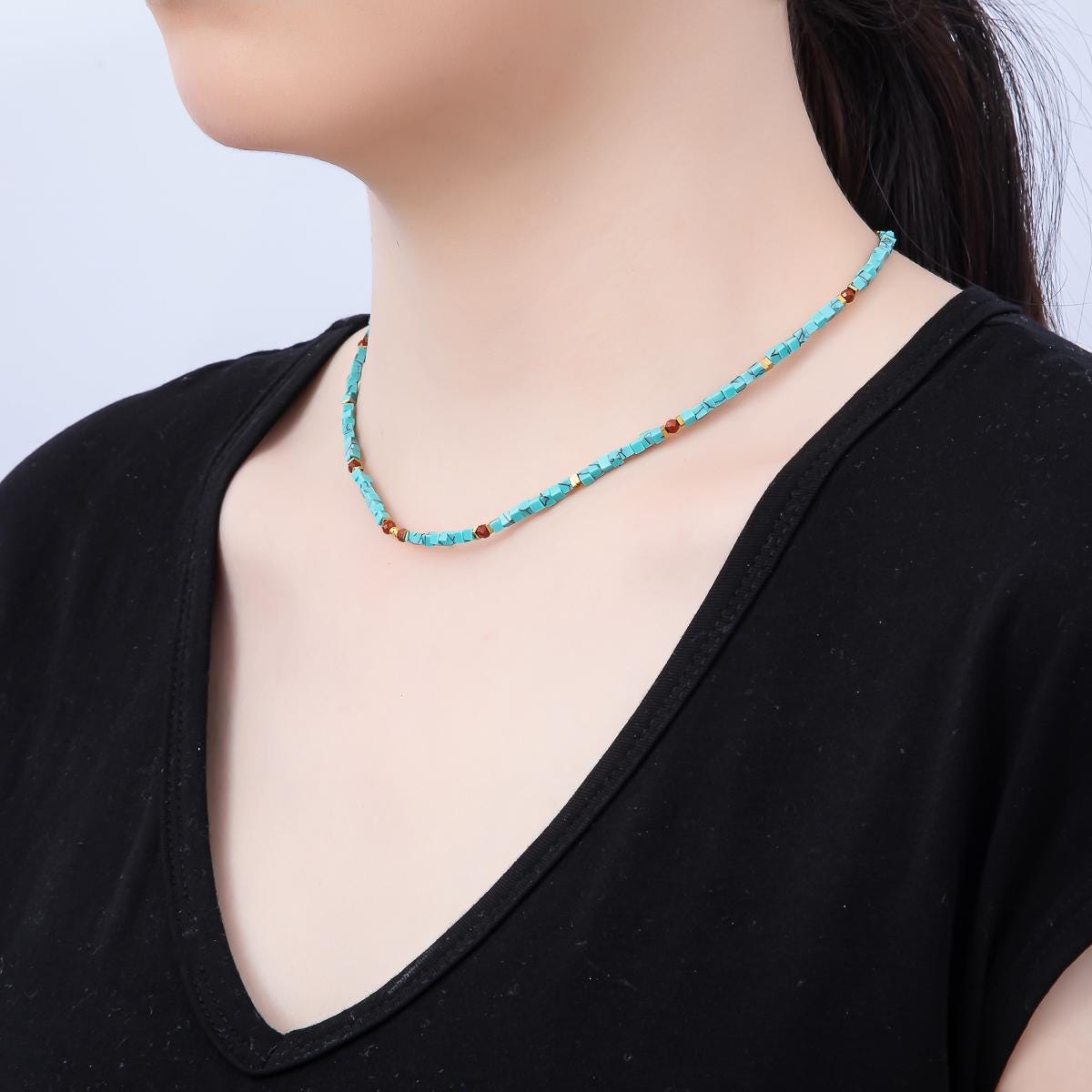 Handmade Stainless Steel 3mm Red Carnelian Turquoise Gemstone Chain 16 Inch Necklace Boho Style Statement Piece Fashion Jewelry | WA-04637