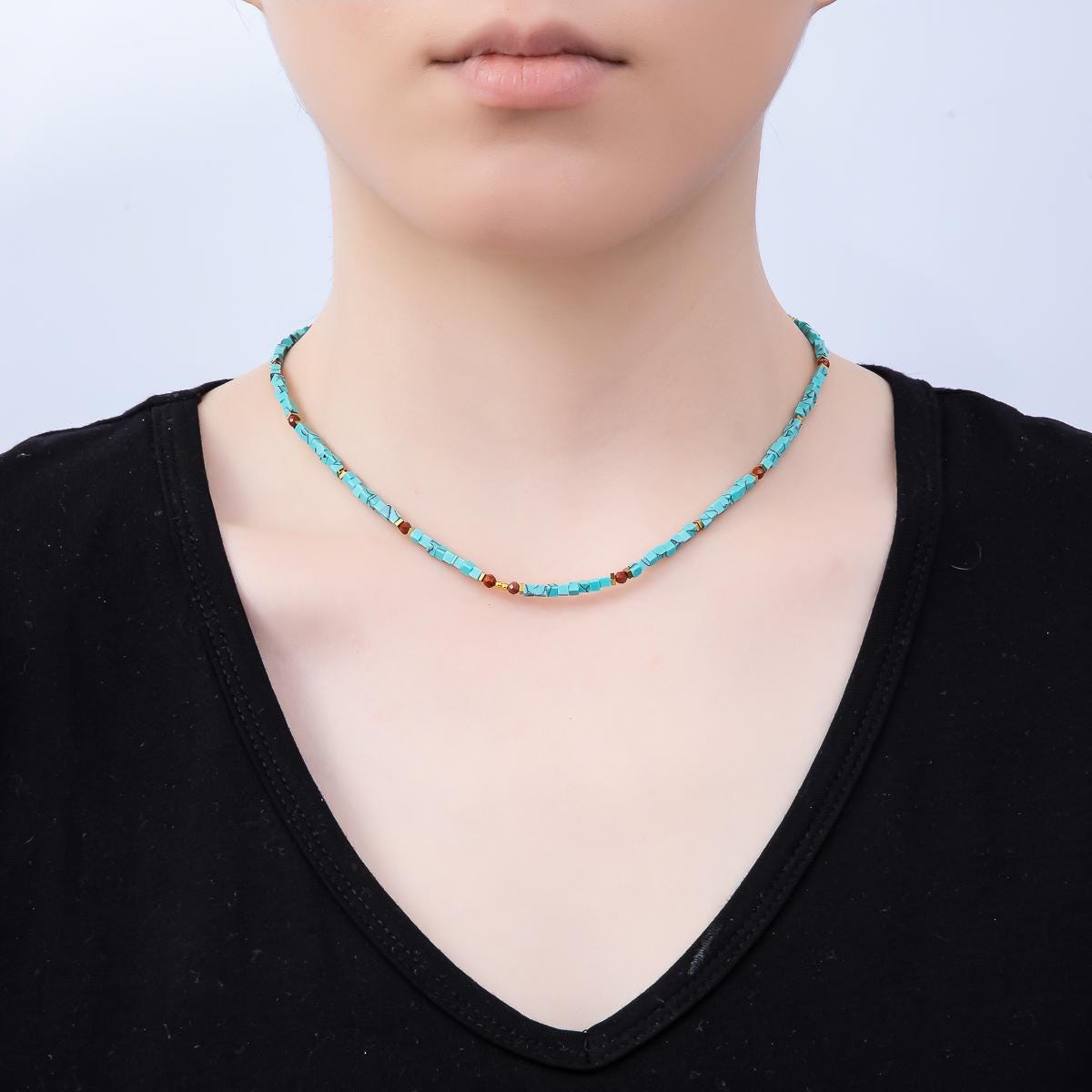 Handmade Stainless Steel 3mm Red Carnelian Turquoise Gemstone Chain 16 Inch Necklace Boho Style Statement Piece Fashion Jewelry | WA-04637