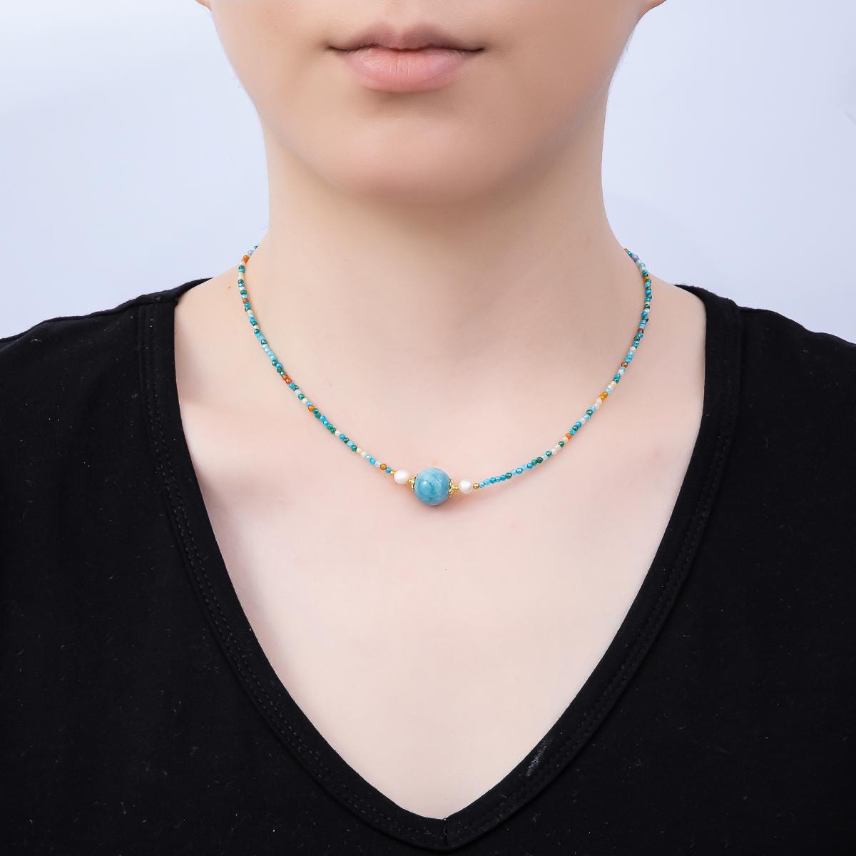 Handmade Stainless Steel 2mm Amazonite Gemstone Chain 16 Inch Necklace Coastal Layering Jewelry Summer Gift for Her | WA-04639