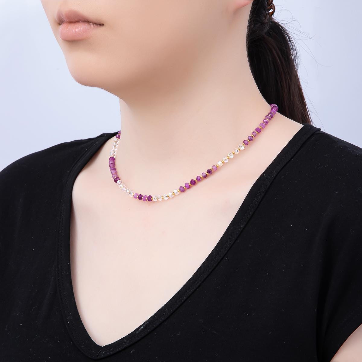 Handmade Stainless Steel 2mm AB Amethyst Gemstone Chain 16 Inch Necklace Lavender Layering Jewelry Gift for Her Festival Inspired | WA-04640