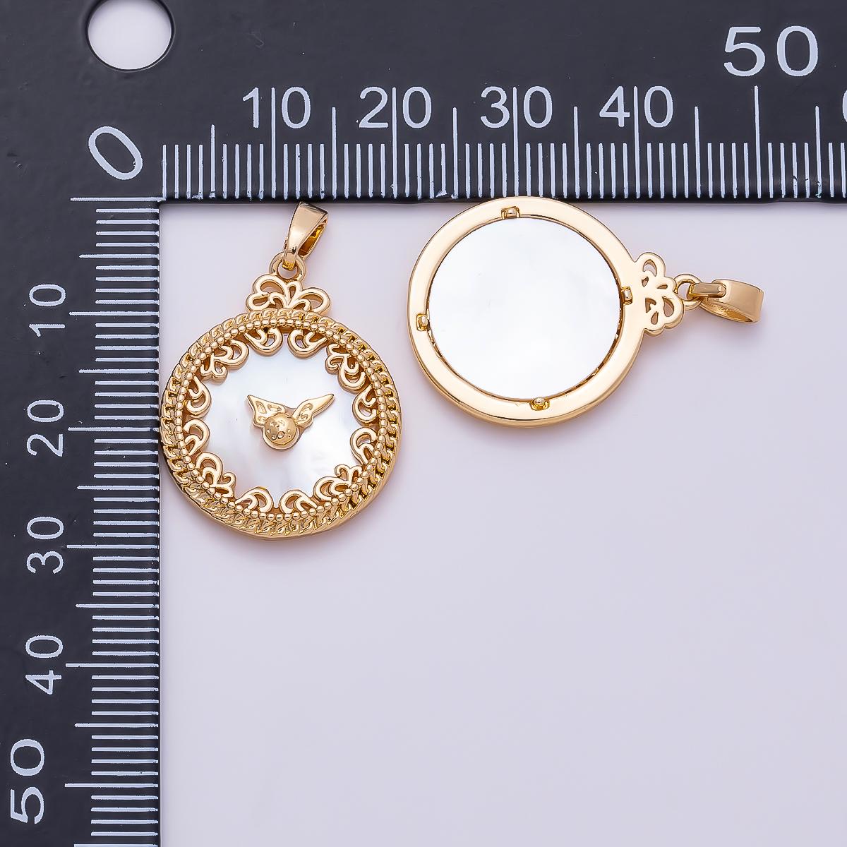16K Gold Filled 24.5mm Mother of Pearl Clock Artisan Bezel Round Pendant in Gold & Silver Filigree Outline Charm DIY Jewelry | Charms-01362
